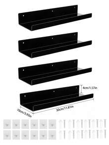 1pc No Hole Drilling 11.8-Inch Black Acrylic Wall Floating Shelf, Wall Mounted Children's Book Display RackRoom Decor - Black - View 8