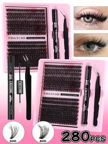 280 Clusters DIY Eyelash Extension Kit - Fluffy Russian30D+40D+50D+60D+80D+100D DD Curl, Mixed Lengths 10-16mm, 0.07mm Thickness, Waterproof Faux Mink Lashes With Tweezers & Bond/Seal Glue, Beginner-Friendly Reusable Set Lash Clusters Kit, Lashes, Eyelashes, Fake Lashes