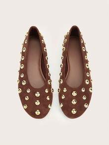 Fall/Winter Basic Cute Studded Office Casual Round Toe Rivet Decor Suede Flat Ballet Flats - Brown - View 5