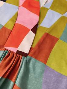 2025 Bohemian Vacation Beach Casual Women's Oversized Spring Summer Fashion Casual Resort Style Multicolor Plaid Element Casual Printed V-Neck Short Sleeve Dress The Dress Patterns Are Printed Randomly And Are All Unique