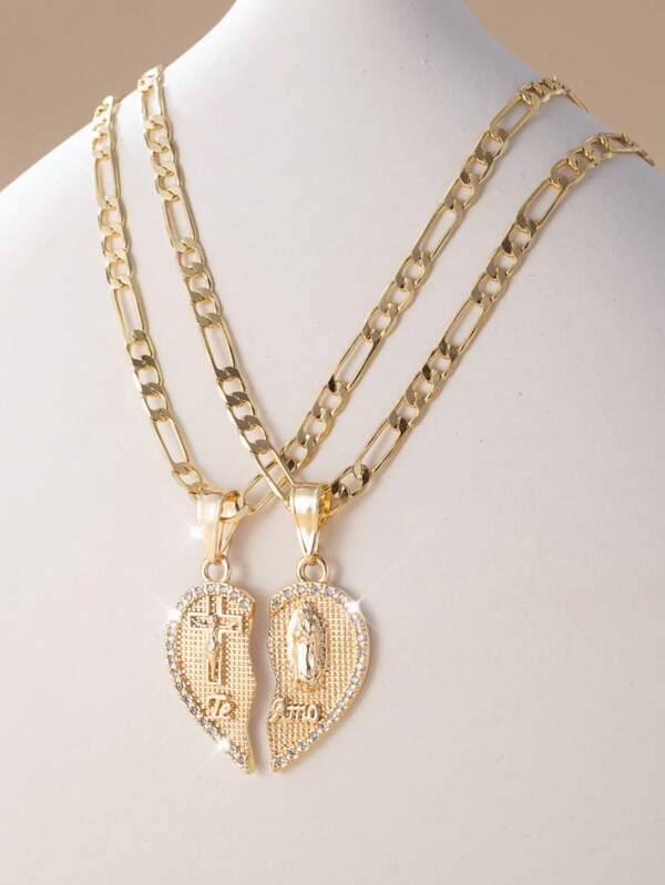 1 Pair Of Elegant And Simple Copper 14K Gold-Plated Virgin Mary And Cross Heart-Shaped Pendant Necklaces, Inlaid With Zirconia, Suitable For Friends, Daily And Christmas Gifts, Prayers