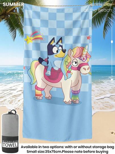 Bluey 1条蓝色沙滩巾，独角兽蓝色图案泳巾，浴巾，时尚沙滩巾，超强吸水浴巾，适用于浴室、游泳、健身、瑜伽，柔软舒适的超细纤维毛巾，轻便易携，防风、防晒、防沙，适合夏季旅行、度假、浴室装饰，建议常规尺寸及更大尺寸（小号毛巾尺寸为35*75厘米，建议150厘米及以上）。