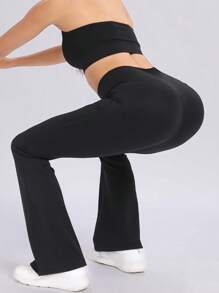 RUNONWHEELS 5 女士高腰喇叭瑜伽裤，收腹提臀交叉腰带长裤 - 黑色 - 查看 6