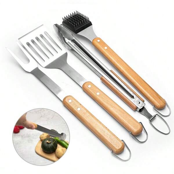 3 pièces/set de fourchette, pelle et pince (boîte) Set d'outils de barbecue en acier inoxydable, spatule, fourchette et pince de barbecue à manche en bois pour l'extérieur