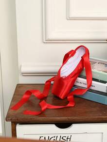 Women's Ballet Shoes, Red Satin Ballet Flats With Ribbon Ties - Red - View 5