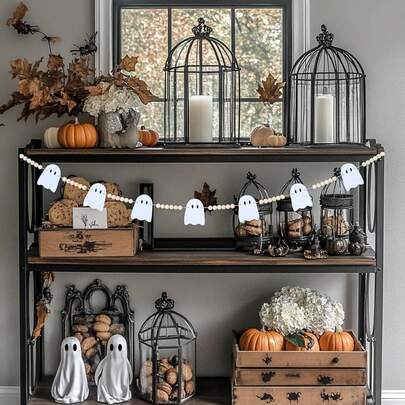 1 Set Halloween Ghost Garland, Cute Style + White Wooden Color, Hanging Decoration, Suitable For Autumn Holiday Decor