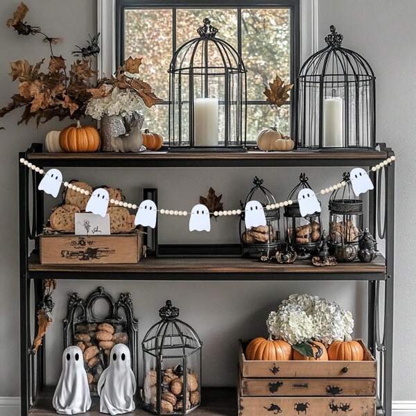 1 Set Halloween Ghost Garland, Cute Style + White Wooden Color, Hanging Decoration, Suitable For Autumn Holiday Decor