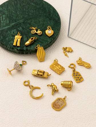 1 Piece Of Simple And Stylish Zirconia Cocktail Cup Zirconia Heart Pendant Moon Taxi Bicycle Biscuit Sneakers Jeans Pendant, Stainless Steel Material Electroplated 18K Gold Waterproof And Sweat Proof, Suitable For DIY Necklaces, Bracelets, Earrings, Keychains, Bag Chains, Shoe Buckle Accessories, Women's Jewelry Accessories, DIY Accessories
