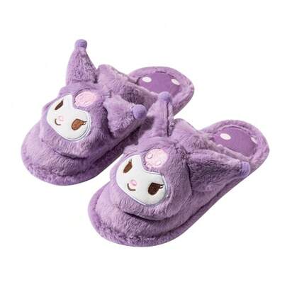Sanrio Kuromi Zapatillas de interior con suela suave antideslizante y resistente a los olores, de estilo de dibujos animados lindos, con suela gruesa de invierno, cómodas y cálidas de algodón para uso doméstico, zapatillas de casa para damas