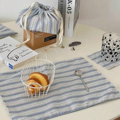 1pc/2pcs/6pcs Korean Style Striped Placemat, Blue Striped Ins Dining Cloth, Dust-Proof Tablecloth