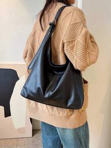 新款大容量纯色PU皮革女士休闲多功能单肩/腋下/手提水桶包，休闲经典百搭，日常通勤时尚个性包，适合日常搭配、简单拍照、购物、约会、郊游、旅行、海边、沙滩等场合，便携易用，适合女生、女大学生，也非常适合办公室、大学、初中、高中、工作等场合。