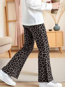 Girls' Fashionable Leopard Print Flare Pants, Comfortable Spring/Autumn Casual Trousers For Children, Stylish Leopard Pattern Pants For Toddlers & Little Young Girl
