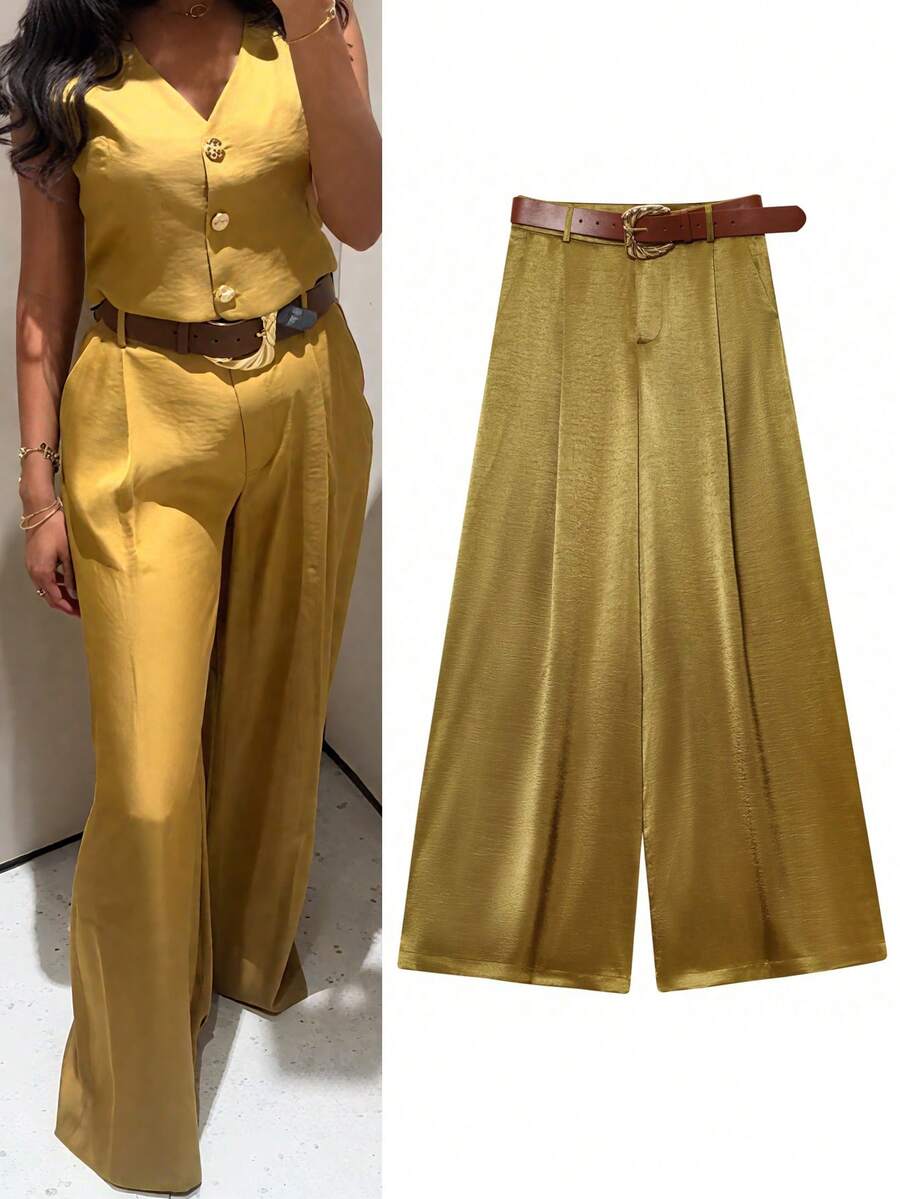 Women's Pants Baggy Wide Pants Woman Spring Summer Fashion Trousers Wide Leg High Waist Pants Casual Elegant Ladies Pants - 金色 - 查看 1
