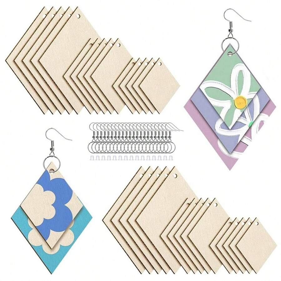 75 件未完成木制耳环套件包括 15 件木质耳环毛坯、20 件耳环钩、20 件开口跳环和 20 件耳环背面（钻石形）
