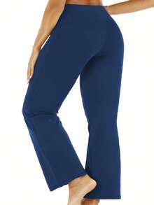 大码女式喇叭瑜伽裤 高腰瑜伽裤 带口袋 喇叭工作裤 健身裤 - 藏蓝色 - 查看 4