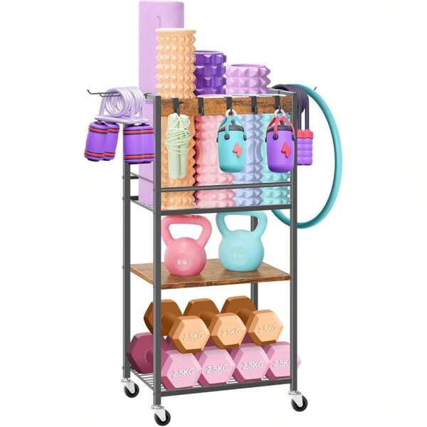 Home Gym Storage Rack, Heavy Duty Yoga Mat Holder Workout Equipment Storage Organizer Weight Rack With Hooks & Wheels For Dumbbells Kettlebells Dumbbell Yoga Block Foam Rollers Yoga Strap Resistance Bands, Fitness Exercise Equipment