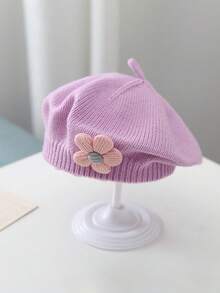 1pc 0-3 Years Old Baby & Toddler Beret Hat, Cute Unisex Kids Knitted Cap, Floral Fashion Solid Color Warm Spring/Winter Children Hat