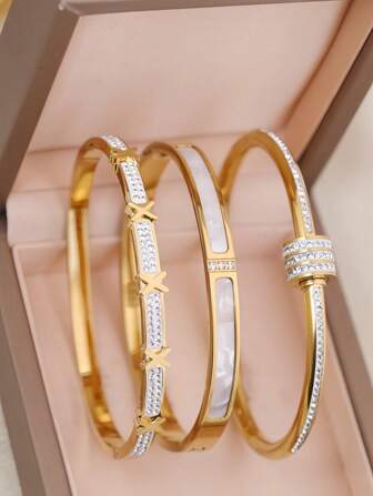 3pcs/1pc Fashionable Zirconia Stainless Steel Bracelet, Suitable For Daily Wear, Wedding Anniversary Gift, Party Wear, Women Layered Bangle