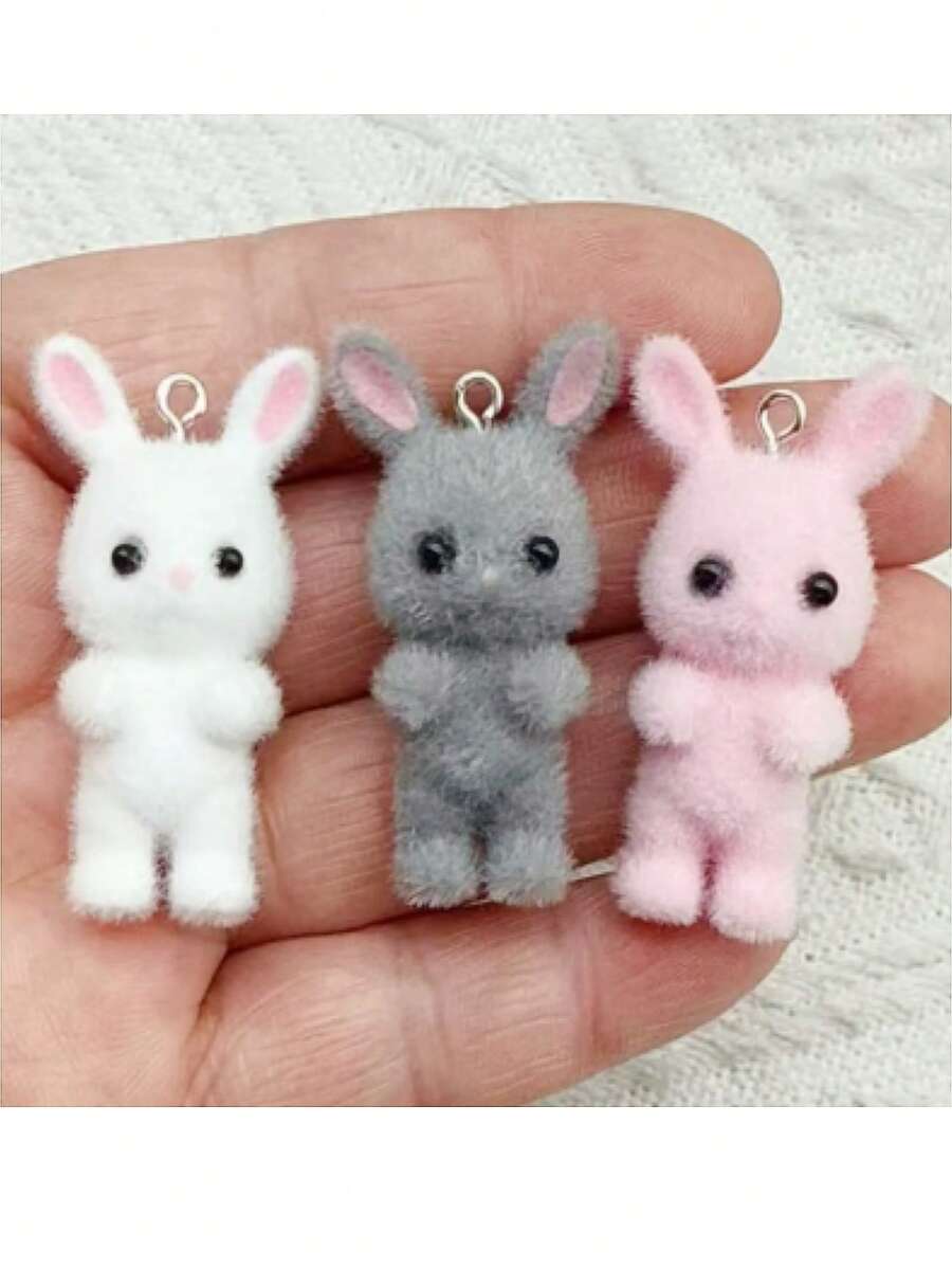 6 Stück/Packung süße Plüsch Kaninchen Harz Anhänger, Mini Waldtier DIY Anhänger, Halskette, Schlüsselanhänger, Ohrring Schmuckherstellung