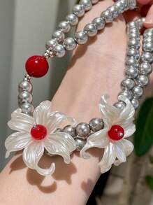 1件CCB夸张小众设计白色大花项链高端感鸢尾花银珍珠双层项链锁骨链男女通用