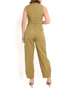 Women's Two-Piece Set With Striped Vest And Pants - 駝色 - 查看 4