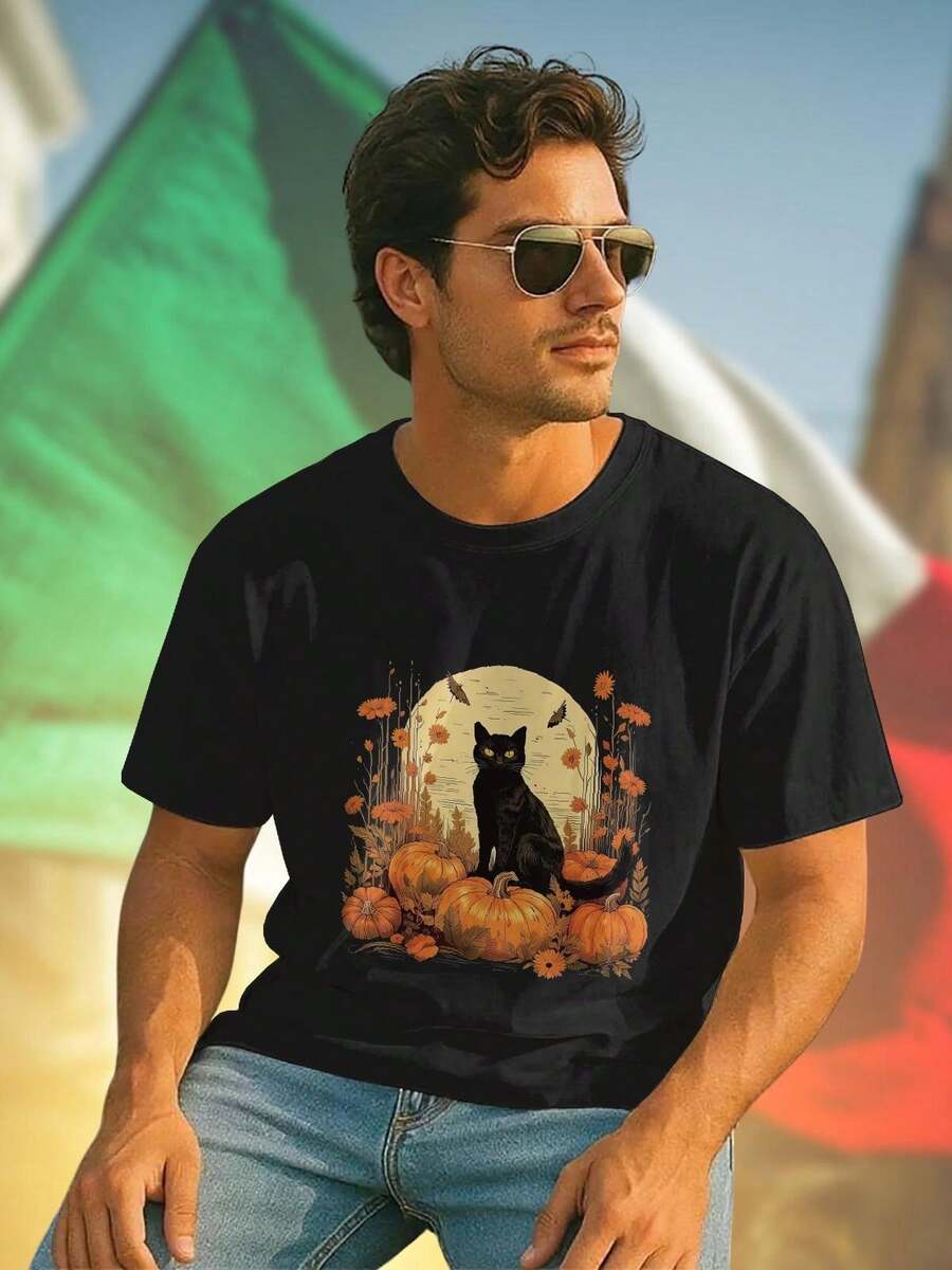 Maglietta Uomo Black Cat Pumpkins Autumn Flowers Full Moon Illustration Moda Casual Autunno Stile Unico Regalo Originale Qualità Confortevole Offerta Speciale