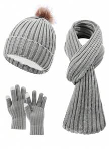 Set de 3 piezas de mujer con gorro de punto de rayas verticales de unicolor, bufanda y guantes, cálido y acogedor para uso casual al aire libre en otoño/invierno, accesorios de invierno, atuendos de invierno