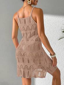 Women's Summer Boho Holiday Beach Vacation Outfits Contrast Color Patchwork Hollow Out Knit Slip Dress