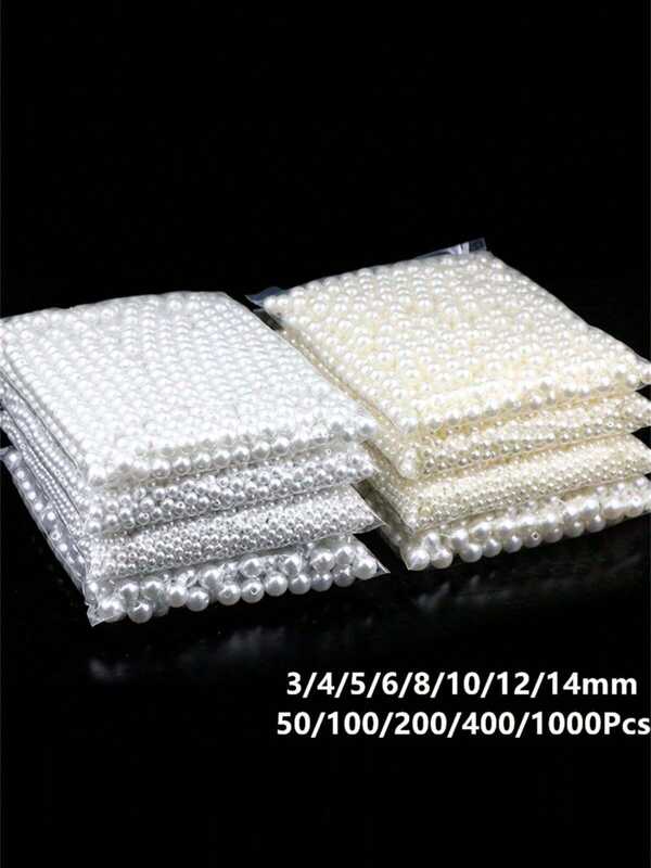3/4/5/6/8/10/12/14 mm (50-1000 szt.) Perłowe koraliki z otworem w kolorze białym i beżowym, luźne koraliki dystansowe do majsterkowania, tworzenia biżuterii, bransoletek, naszyjników, rękodzieła i dekoracji