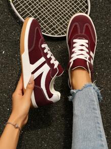 2025 Autumn Women's Color Block Patchwork Casual Sneakers, Fashionable And Versatile Flat Trainers, Suitable For Walking, Daily Commute Wear, Student Lace-Up Skate Shoes