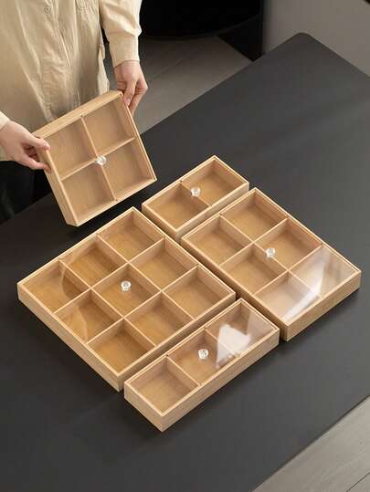 1 صينية خشبية مع غطاء، متعددة الأقسام، لتقديم الوجبات الخفيفة والبسكويت، لاستخدام خارجي