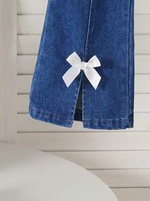 2 件套女童条纹衬衫和蝴蝶结喇叭牛仔裤套装，可爱校园风格，2025 年秋季返校季