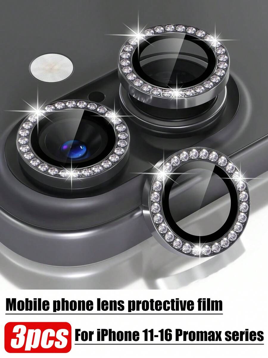 Bộ 3 miếng dán bảo vệ ống kính camera, kính cường lực 9H, phụ kiện vòng kim loại trang trí, phù hợp với 17/16/16 Plus/16 Pro Max/16 Pro/15 Pro Max/15/15 Pro/15 Plus/14 Pro Max/14/14 Pro/14 Plus/13 Pro Max/13/13 Pro/12/11 (Đen kim cương) - màu đen - Xem 1