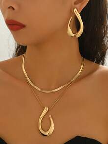 2pcs/Set European & American Style Elegant Necklace & Earrings Jewelry Set, Fashion Minimalist Metal Geometric Asymmetrical U-Shaped Pendant Flat Snake Chain Double Layer Necklace, Suitable For Daily, Travel, Celebration - Golden - View 1