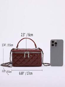 1pc Fashion PU Quilted Rhinestone Embroidery Box Bag, Zipper Small Square Bag, Women's Handbag With Chain Strap, Burgundy, Fashionable Burgundy Bag , Red Bag , Burgundy Bag - Burgundy - View 3