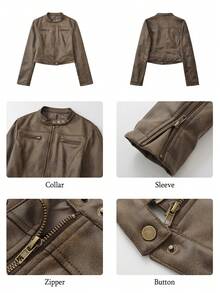 Women's Faux Leather Motorcycle Jacket, Casual Bomber Jacket, Retro Short Coat - Brown - View 6