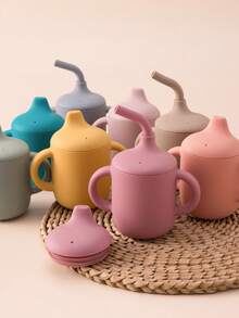 PopLittleOne 2PCS Baby Silicone Cup Double Lids With Handle Multi-Purpose Portable Water Bottle Kids Feeding Training Sippy Cups Liquid Storage Sets For Baby - Multicolor - View 4