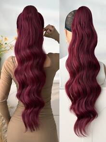 Extensiones de cola de caballo rizada de 28 pulgadas de largo - Peluca de cola de caballo sintética con peine y clip, extensiones de cola de caballo larga y esponjosa de onda profunda natural para mujeres, color rojo vino - Burdeos - Ver 5