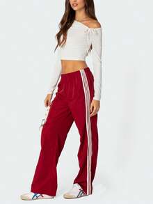 Women Casual Sweatpants Y2K Vintage Side Stripe Elastic Waist Leg Wide Pants Long Pants Teen Girls Loose Workout Pants Fall Spring Fashion Color Block Parachute Pants With Pockets Joggers Track Pants - 紅色 - 查看 2