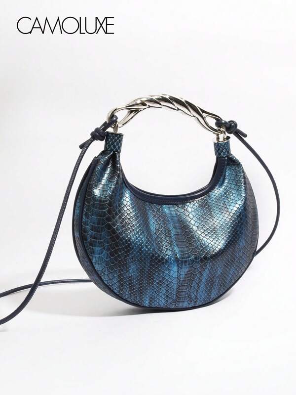 2025 Fashionable Luxury Blue Snake Skin Pattern Shoulder Bag, Metal Woven Handle, Adjustable Strap, Versatile Chic Women's Handbag, Commuter Essential, Great Gift Idea, Crossbody Or Top Handle, Celebrity Street Style Hit, Limited Time Discount