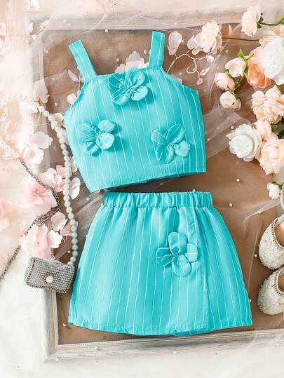 2pcs Baby Girl Floral Stripe Sleeveless Top & Floral Skort Set, Cute & Elegant Style