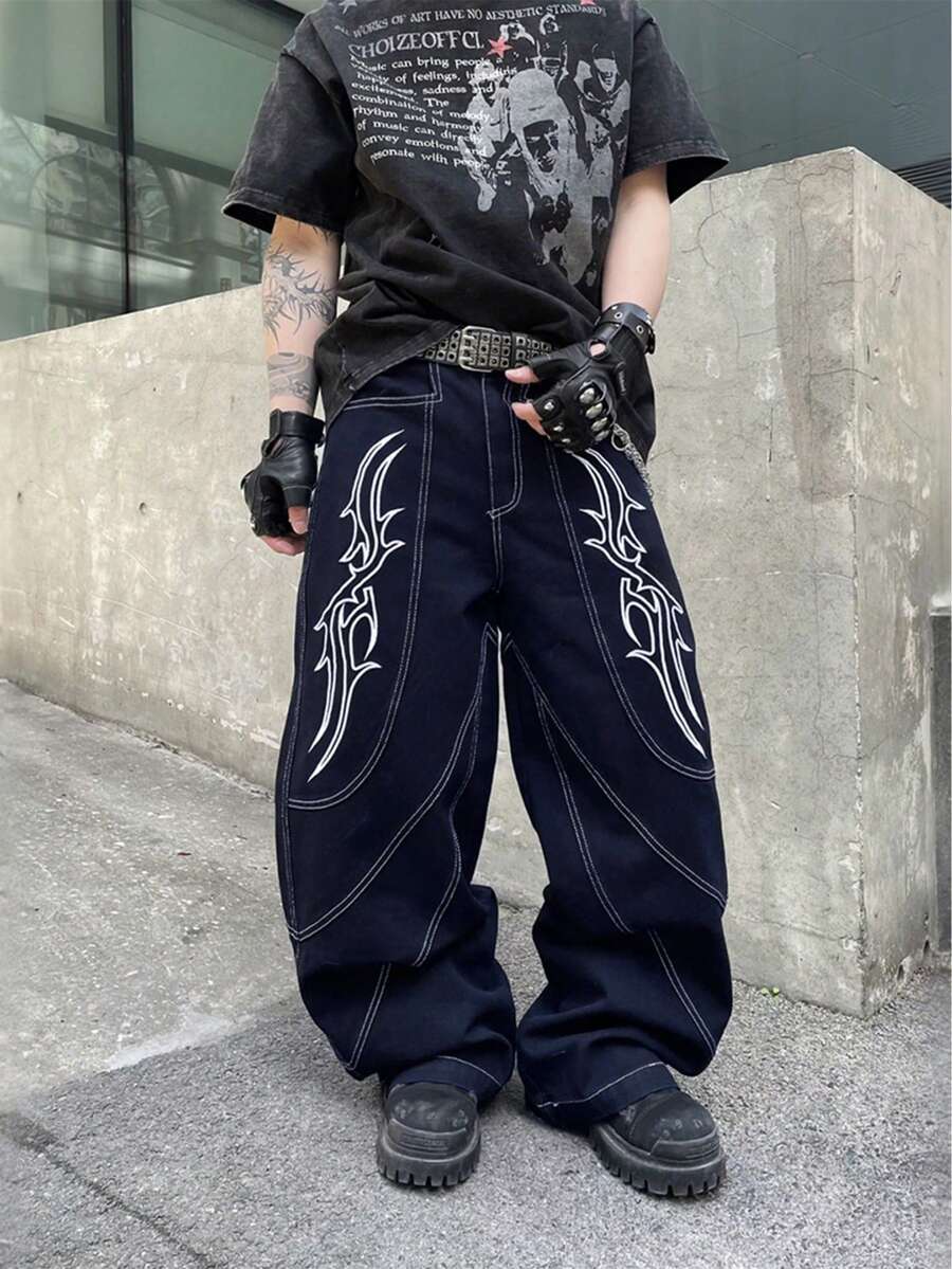 1pc Men's Vintage Washed Denim Jeans With Embroidered Thorn Design, Loose Fit Wide Leg Pants (Belt And Accessories Not Included) - Medium Wash - View 1