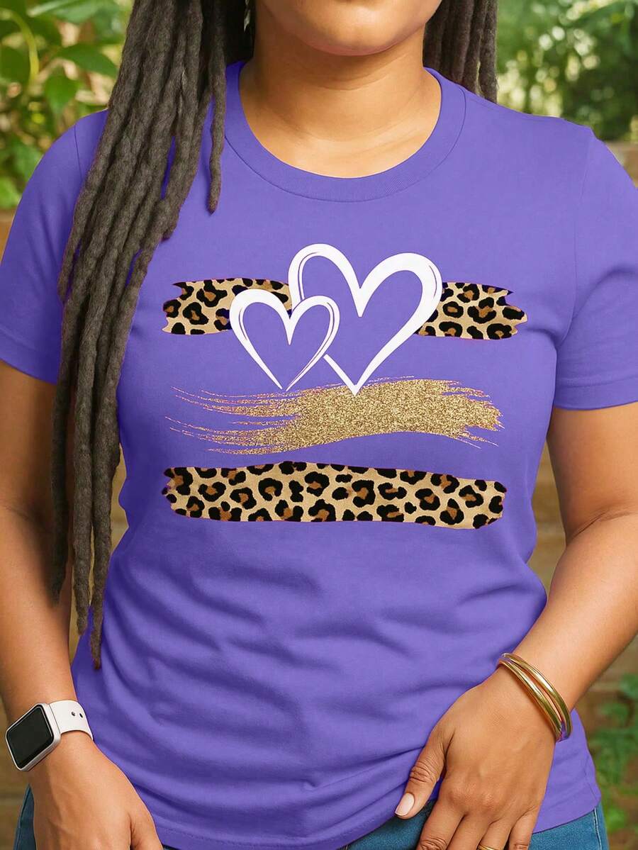 Camiseta de Mujer con Estampado de Leopardo y Corazón Brillante, Manga Corta y Cuello Redondo para Verano y Primavera, Tejido de Punto de Poliéster y Algodón, Diseño Audaz y Elegant - Morado - Ver 1