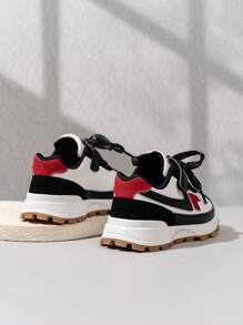 Fashionable Thick-Soled Children's Shoes, Black, Red And White Color-Blocking Design To Create A Street Style For Kids, With A Vel Strap For Easy On And Off, Versatile With Various Clothing Styles. - Black - View 3