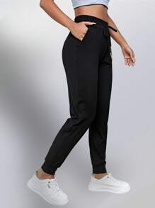 1 条装抽绳腰女式运动休闲裤，弹性纯色户外运动慢跑裤 - 黑色 - 查看 4