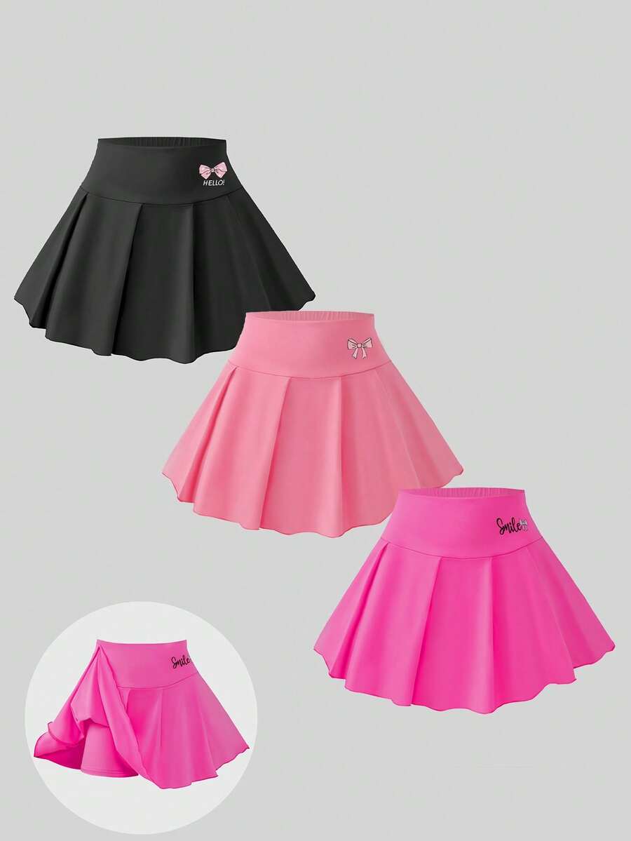 3pcs/Set Tween Girl Casual School Style Butterfly Print Pleated Skorts, Autumn/Winter - Multicolor - View 1