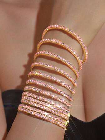 Set de 12 pulseras elásticas con rhinestones brillantes de color rosa, pulseras rosas de estilo Y2K para fiestas, bodas, accesorios de novia