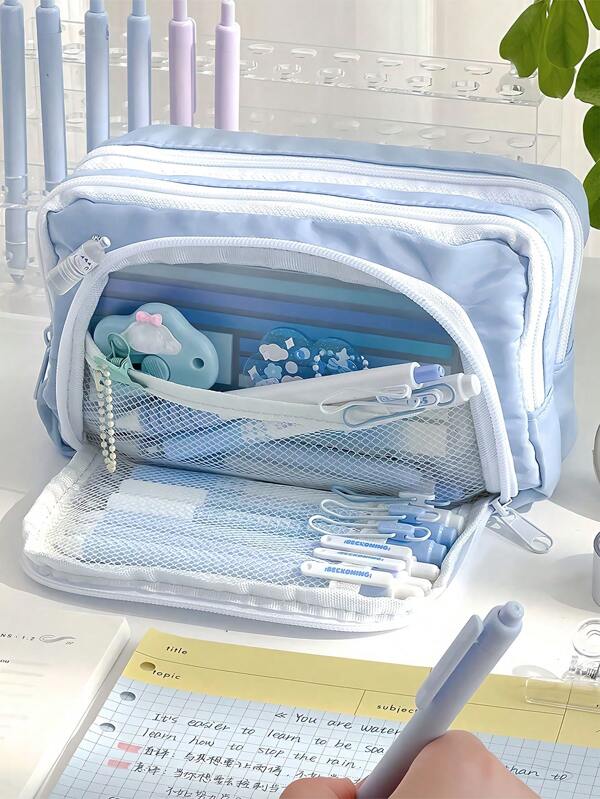 1pc Stationery Bag Cream Color Pencil Case Large Capacity 3 Compartments Storage Pouch For Office School Student