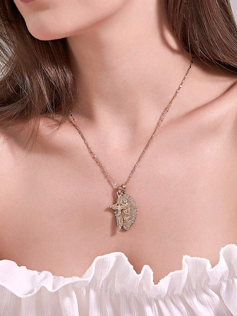 流行复古圣母玛利亚和十字架吊坠项链，天然石不锈钢颈链，适合婚礼、派对、礼物、情人节、狂欢节、返校、妇女节、大学、商务、派对、宴会、日常穿着、节日礼物