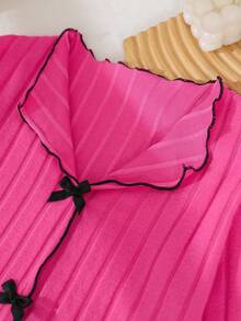 2 件女童睡衣套装，秋冬，时尚休闲优雅蝴蝶结领 V 领长袖上衣和淡紫色长裤 - 玫紅色 - 查看 2